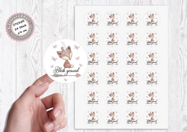 24 Stück zuckersüße Indianer Fuchs Sticker Aufkleber bleib gesund 4cm rund von Lüttentüddel® -